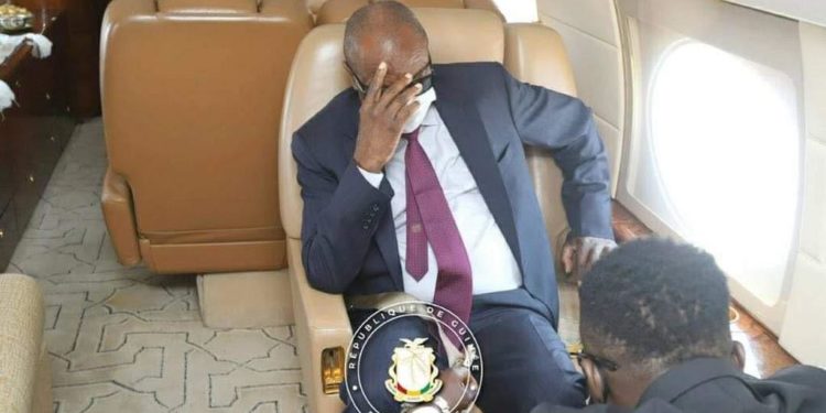 Alpha Conde in a government hired aircraft that flew him out of Conakry in 2022 for treatment in UAE. Photo credit, Guinean Government.