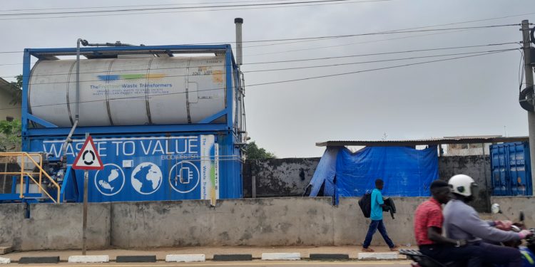 This Waste to energy transformer unit located in Aberdeen is the first it its kind in Sierra Leone and it supplies electricity to the nearby Aberdeen Women's Center, a hospital that provides maternal and infant healthcare services. Wednesday February 15. Photo credit, Kemo Cham, ManoReporters.