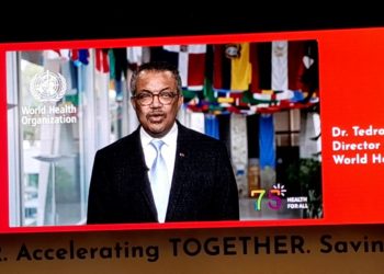 Video Capture of WHO Director General, Dr Tedros Adhanom Ghebreyesus, delivering a keynote speech at the MNHC2023 in Cape Town, South Africa, May 9, 2023. Photo credit, Kemo Cham, ManoReporters.
