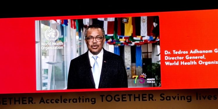 Video Capture of WHO Director General, Dr Tedros Adhanom Ghebreyesus, delivering a keynote speech at the MNHC2023 in Cape Town, South Africa, May 9, 2023. Photo credit, Kemo Cham, ManoReporters.