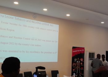 Dr Santigie Sesay, Director of Non-communicable Diseases and Mental Health, make a presentation on Sierra Leone's tobacco Act as part of commemoration of World No Tobacco Day on May 31st, 2023. Dr Sesay said work on a draft regulations needed to operationalize the law is in progress. Photo credit, Kemo Cham, ManoReporters.