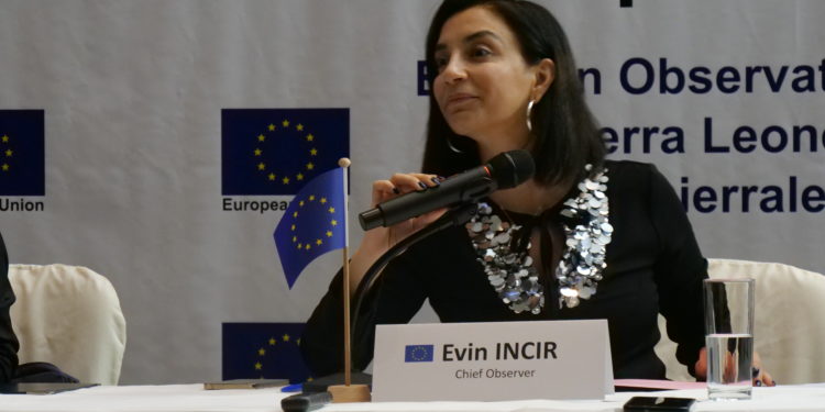 Evin Incir, Chief Observer, EUEOM, Sierra Leone General Elections 2023, speak to Journalist on May 23, 2023. Photo credit, Ibrahim Barrie, ManoReporters.