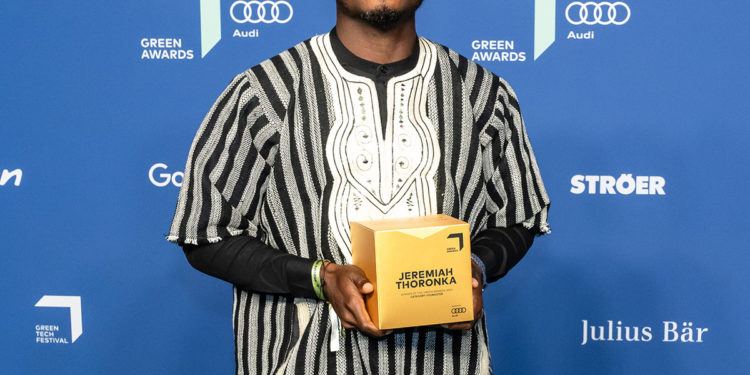 Jeremiah Thoronka poses with his award after been named winner of the Youngstar Green Award on Thursday, June 15, 2023 in Berlin, Germany. Photo credit, GreenTech Festival