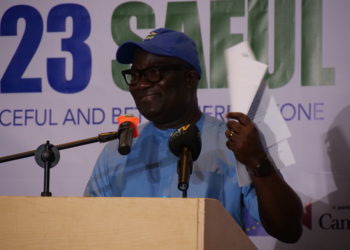 Mohamed Konneh, Chief Electoral Commissioner of Sierra Leone, speaks at a press conference on Sunday, June 25, 2023 at the Freetown International Conference Center. Photo credit, Ibrahim Barrie, ManoReporters.