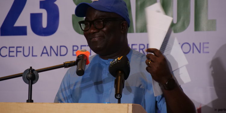 Mohamed Konneh, Chief Electoral Commissioner of Sierra Leone, speaks at a press conference on Sunday, June 25, 2023 at the Freetown International Conference Center. Photo credit, Ibrahim Barrie, ManoReporters.