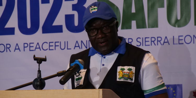 Mohamed Kenewui Konneh, head of ECSL, speaks to journalists on June 23, the eve of general elections at the Freetown International Conference Center. Photo Credit, Ibrahim Barrie, ManoReporters