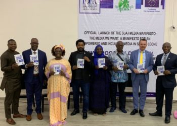 Officials, including SLAJ President Ahmad Sahid Nasralla, Information Minister Abdurahman Swaray and EU Ambassador Manuel Muller, pose with copies of the Media Manifesto following its unveiling. Photo credit, EU Country Delegation