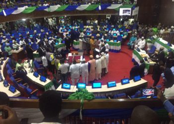 Paramount Chief MPs take oath of office in Sierra Leone's Parliament on July 13, 2023. Photo credit, Saio Marah, ManoReporters