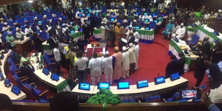 Paramount Chief MPs take oath of office in Sierra Leone's Parliament on July 13, 2023. Photo credit, Saio Marah, ManoReporters