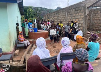 Residents of Sesebo in Kabala attend the handing over ceremony of a hand pump well on June 28. Photo credit, courtesy, Project 1808 Inc.