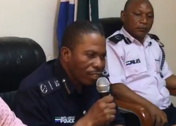 Screen grab of police officers talking to the press on Monday, July 31, 2023. Photo credit, Kemo Cham, ManoReporters