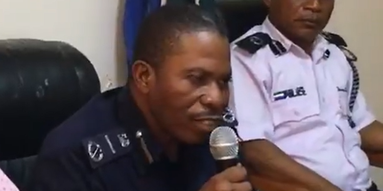 Screen grab of police officers talking to the press on Monday, July 31, 2023. Photo credit, Kemo Cham, ManoReporters