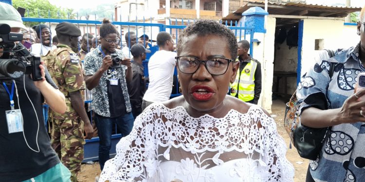 Yvonne Aki-Sawyer arrives at the SOS Primary School in Lumely to vote on June 24, 2023. Photo credit, Kemo Cham, ManoReporters.