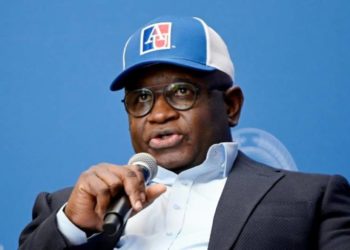 Sierra Leone President Julius Maada Bio delivers a keynote speech at the American University School of International Service in Washington, DC, on September 15, 2023. - AFP