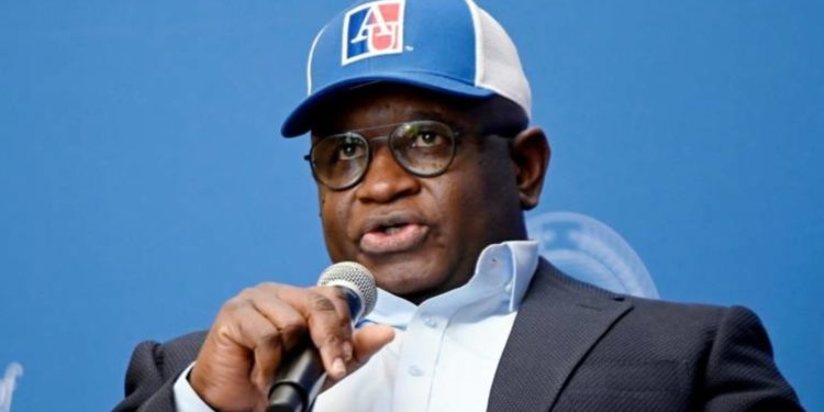 Sierra Leone President Julius Maada Bio delivers a keynote speech at the American University School of International Service in Washington, DC, on September 15, 2023. - AFP