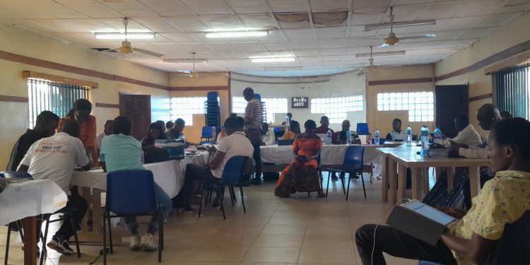 Data collectors from four districts gather in Makeni for training on how to use KoboCollect ahead of commencement of mapping exercise by FOCUS 1000. Photo credit, Kemo Cham, KMN.
