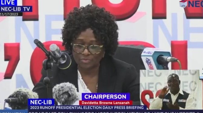 National Electoral Commission of Liberia chief, Davidetta Brown Lansanah said several irregularities in the results from the last polling centers has caused the delay in the announcement of the final tally. Liberians will still have to wait for at least a day more to know who will be their next president; George Weah or Joseph Boakai. Photo: A screengrab. Kemo Cham, ManoReporters.