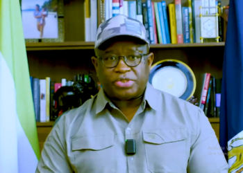 President Julius Maada Bio making his first audiovisual address to the nation after the deadly November 26 violence in Freetown. Screengrab. Credit, ManoReporters
