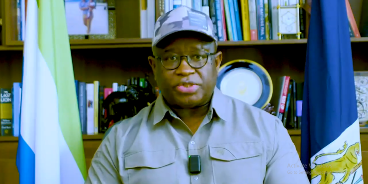 President Julius Maada Bio making his first audiovisual address to the nation after the deadly November 26 violence in Freetown. Screengrab. Credit, ManoReporters