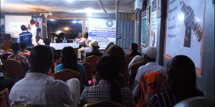 SWSL Founder and National Coordinator, Hassan Koroma, speaks at the launch of a weeklong activities as part of commemoration of 2024 Social Work Month. Thursday, March 7, 2024. Photo credit, Ibrahim Barrie, ManoReporters.