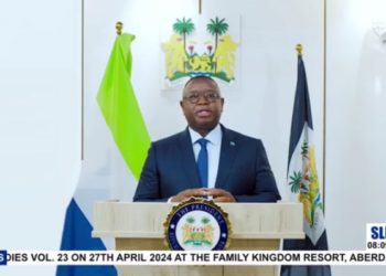 A screen grab of Sierra Leone's President Julius Maada Bio aaddressing the nation on the drug epidemic facing the country, on Thursday, April 4, 2024. He declared a National Emergency on Drug and Substance Abuse. Phot credit, Kemo Cham, ManoReporters.