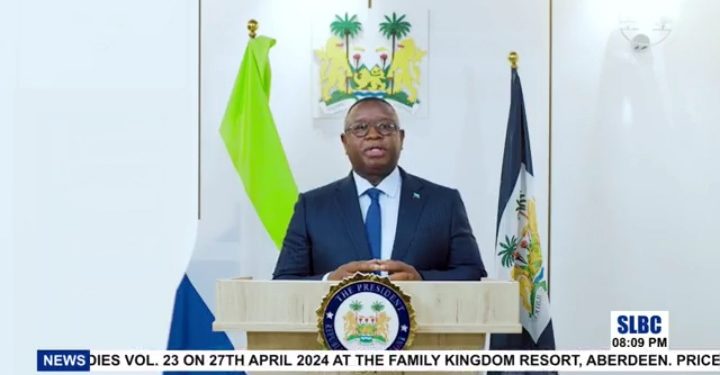 A screen grab of Sierra Leone's President Julius Maada Bio aaddressing the nation on the drug epidemic facing the country, on Thursday, April 4, 2024. He declared a National Emergency on Drug and Substance Abuse. Phot credit, Kemo Cham, ManoReporters.