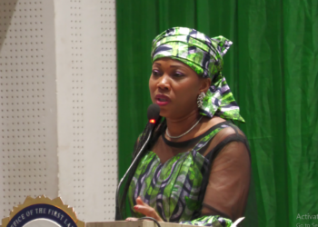 First Lady Fatima Bio speaks at an event marking the discharge of 40 former drug addictions on Saturday, April 16. Photo credit, Morrie Koroma, ManoReporters