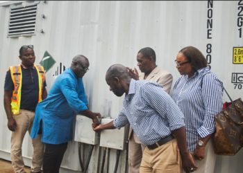 Officials turn on the power after the completion of a mini-grid in Borup community in Port Loko District.. Image, SEforAll.