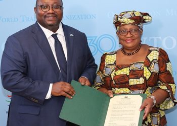 Sierra Leone Ambassador to Switzerland, Lansana Gberie, presents the country’s ‘instrument of acceptance’ to WTO Director-General Ngozi Okonjo-Iweala in Geneva on Friday, July 19, 2024. Image, WTO.