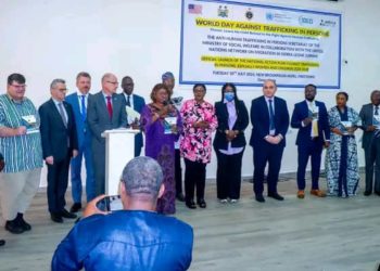 Minister of Social Welfare, Mrs. Melrose Karminty, flanked by partners and members of the Trafficking in persons taskforce, launched the National Action Plan Against Trafficking in Persons on July 23, 2024.