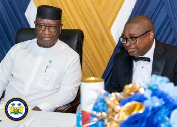 President Julius Maada Bio and Government of Bank of Sierra Leone, Dr Ibrahim Stevens. Image, State Houe Communications