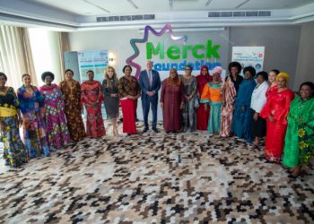 First Ladies attending the 11th edition of Merck Foundation’s Africa Asia Luminary in Dar es Salaam, Tanzania, pose for a family photo with Merck Foundation CEO, Dr. Rasha Kelej; Merck Foundation Board of Trustees Chairman, Prof. Frank Stangenberg Haverkamp; and Tanzanian President Samia Suluhu Hassan.
