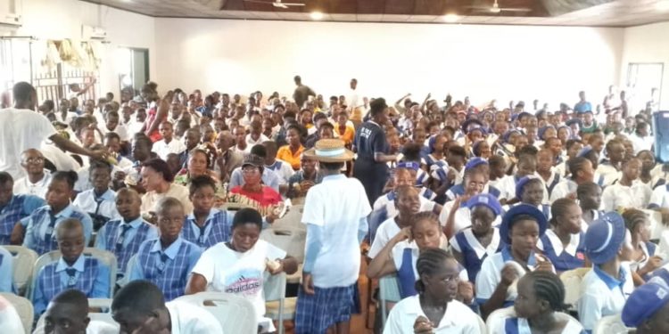 Pupils gather at the Pujehun District Council Hall for the Intern-Secndary School Quiz and Debating Competition. Image, Brima Sannoh, ManoReporters.