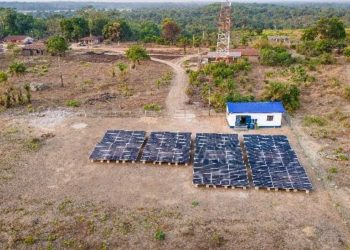 An aerial view of the 67kW solar-powered mini grid project that has been commissioned in Kassirie Community, Sierra Leone, giving first time access to reliable electricity to 54percent of households, businesses and public institutions. Image, SEforALL.