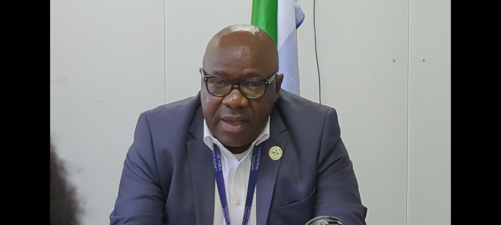 Prof. Foday Sahr, Executive Director of the National Public Health Agency of Sierra Leone at a press briefing on Mpox at the EOC on Tuesday, May 6, 2025. Image, Kemo Cham, ManoReporters.