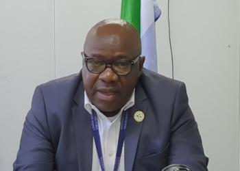 Prof. Foday Sahr, Executive Director of the National Public Health Agency of Sierra Leone at a press briefing on Mpox at the EOC on Tuesday, May 6, 2025. Image, Kemo Cham, ManoReporters.