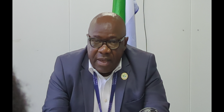 Prof. Foday Sahr, Executive Director of the National Public Health Agency of Sierra Leone at a press briefing on Mpox at the EOC on Tuesday, May 6, 2025. Image, Kemo Cham, ManoReporters.