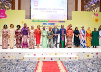 Merck Foundation CEO Dr Rash Kelej and Chairman of Merck Foundation Board of Trustees Dr. Frank Stangenberg–Haverkamp pose with First Ladies from Africa and Asia at the just concluded Merck Foundation First Ladies Initiative Summit 2025 on Wednesday, 18 June, 2025. Image, Merck Foundation.