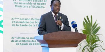 WAHO Director General Dr. Melchior Athanase Joël Codjovi Aïssi addresses delegates at the official opening ceremony of the 27th Ordinary Session of the Assembly of ECOWAS Health Ministers in Freetown, Sierra Leone on April 25th, 2026. Image, WAHO Communications Unit.
