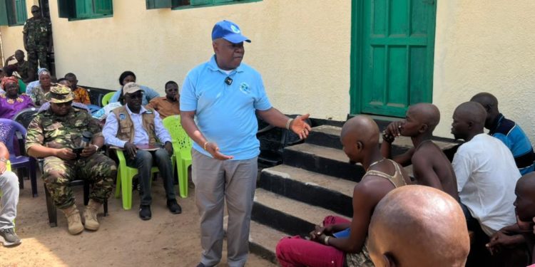Prof. Foday Sahr, Chairman of the National Taskforce on Drugs and Substance Abuse, addresses the first batch of inmates of the newly established Makeni drug rehabilitation center. Image, NPHA.