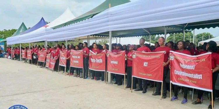 The graduands include both military and civilian staffers. Image, Office of the First Lady of Sierra Leone.