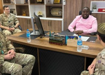 Members of the delegation of the British Royal Navy meet with the Director General of the Sierra Leone Ports and Harbour Authority (SLPHA), Yankuba Askia Bio. Image, SLPHA.