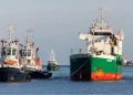 The MV Arconian seen arriving in Gran Canaria before been discovered "stuffed" with bales of cocaine (IGC NACIONAL).