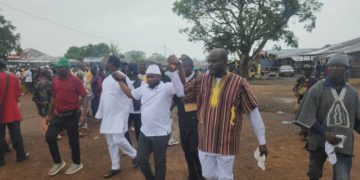 Paramount Chief Elect Maada Joe Kpunyeh Kebbie celebrates with supporters shortly after been declared victorious on Sunday 14th June, 2026. Image/Brima Sannoh, ManoReporters.
