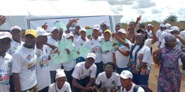 newly graduated men and women from a drug rehabilitation center in Kono ose with their certificates alongwise family members on June 5th, 2026. Image, NPHA Sierra Leone.