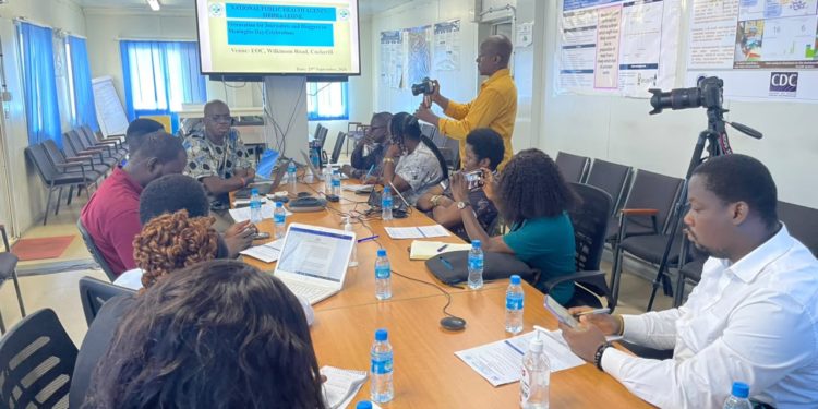 Officials from the National Public Health Agency and the Children’s Advocacy Forum address journalists and bloggers at the EOC on Tuesday, September 29, 2026. Image, Kemo Cham, ManoReporters.